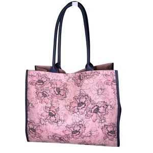 Victoria's Secret Pink Floral Canvas Travel Tote Bag Navy Blue Straps Gold VS Lo